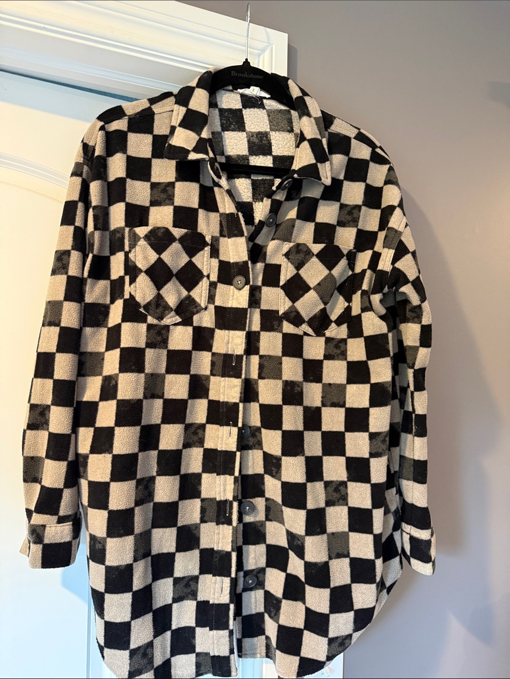 Black and Cream Checkered Button-Up Shacket